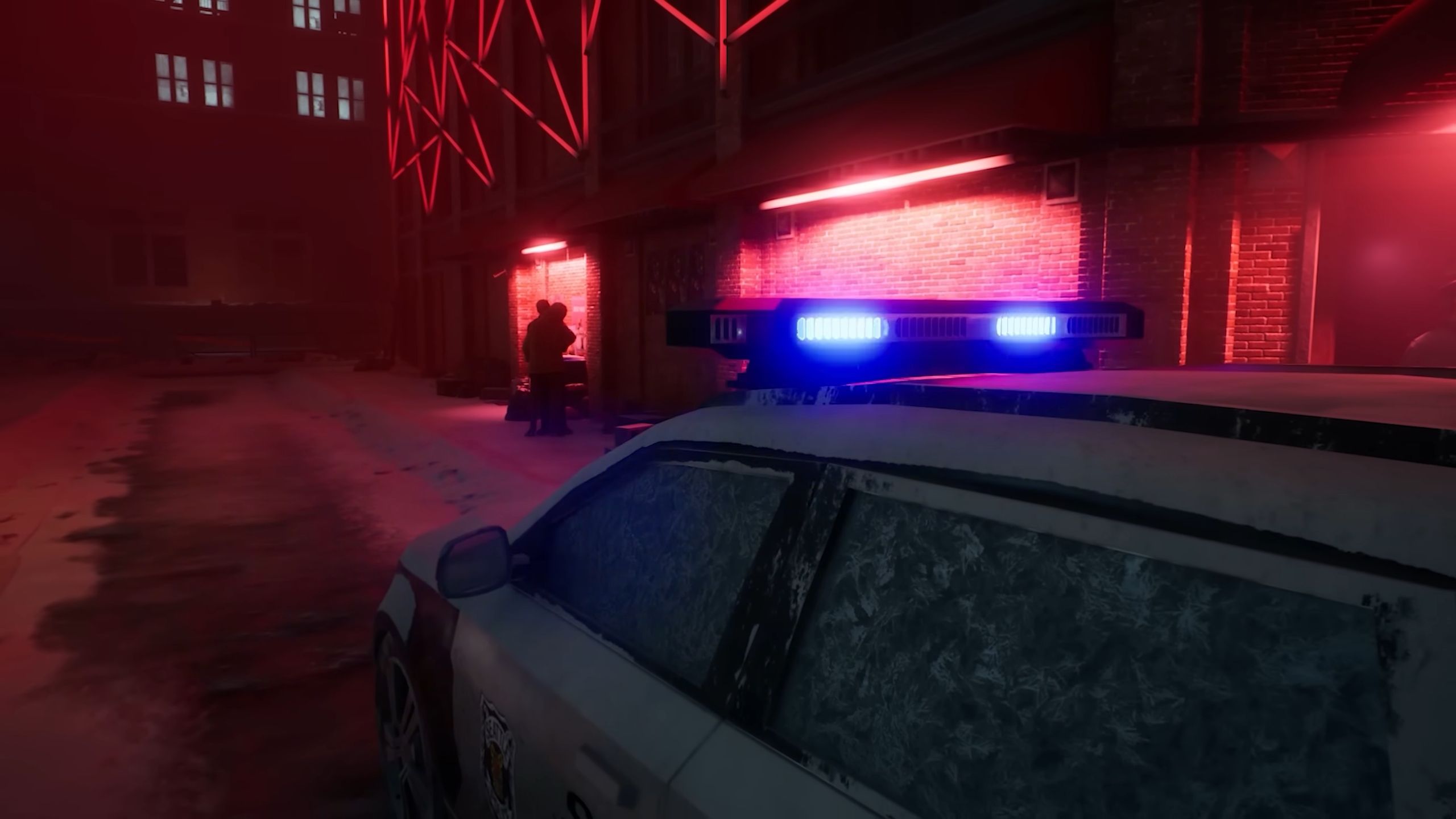 A police car and its flashing lights in Vampire: The Masquerade – Bloodlines 2.