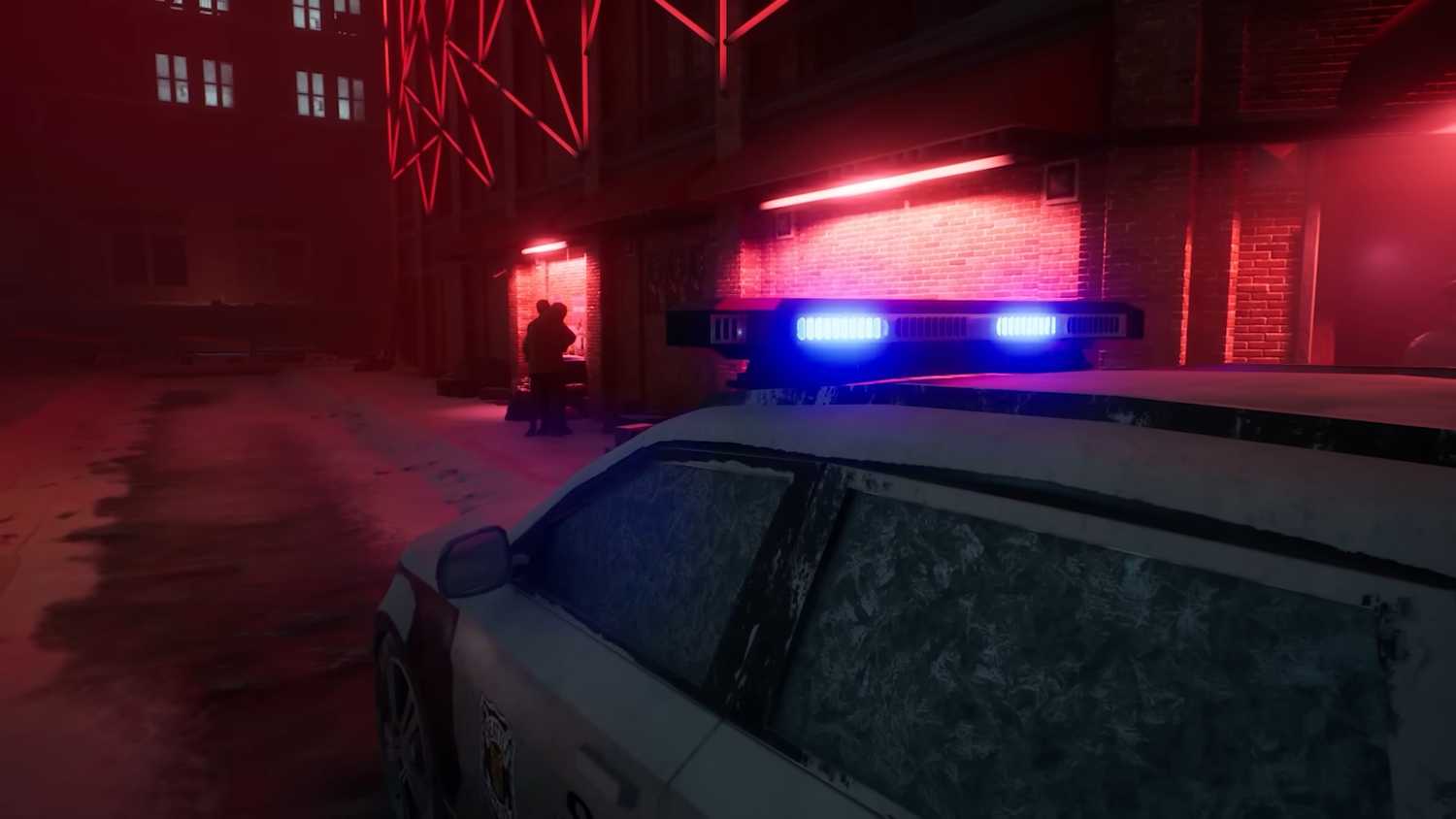 A police car and its flashing lights in Vampire: The Masquerade – Bloodlines 2.