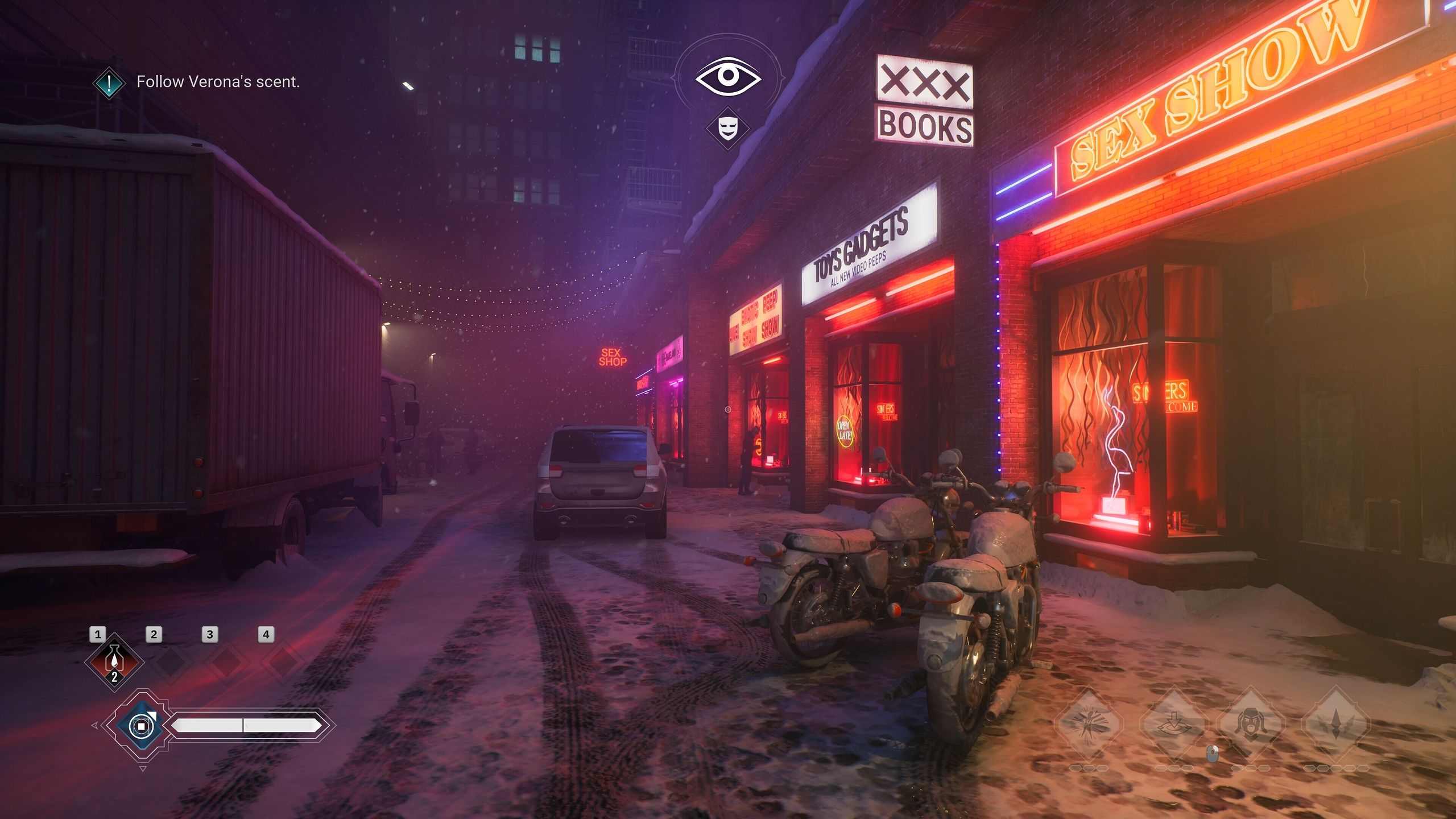 A snow-laden street lined with shops in Vampire: The Masquerade – Bloodlines 2.