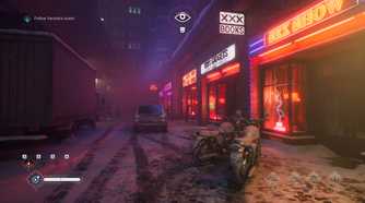 A snow-laden street lined with shops in Vampire: The Masquerade – Bloodlines 2.