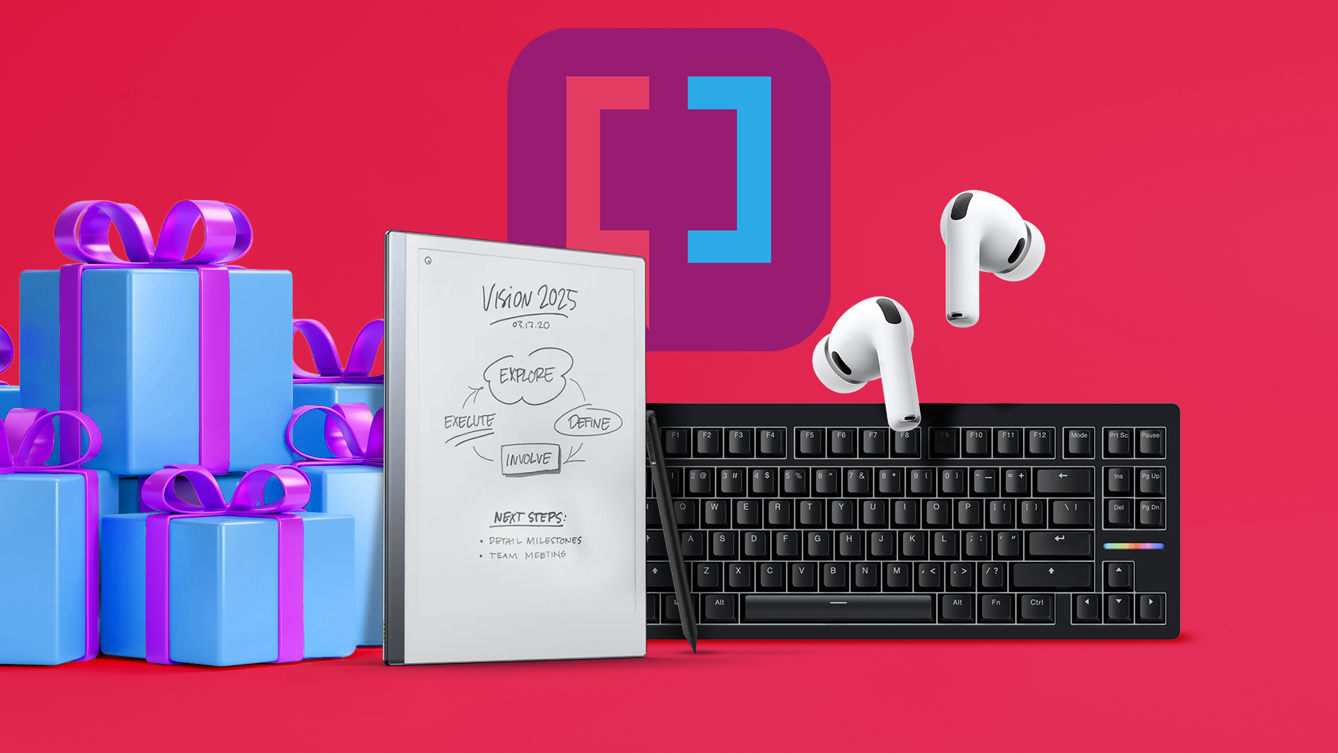 A reMarkable 2, a Wooting 80HE, and Apple AirPods Pro 3, with several wrapped gift boxes in the background.