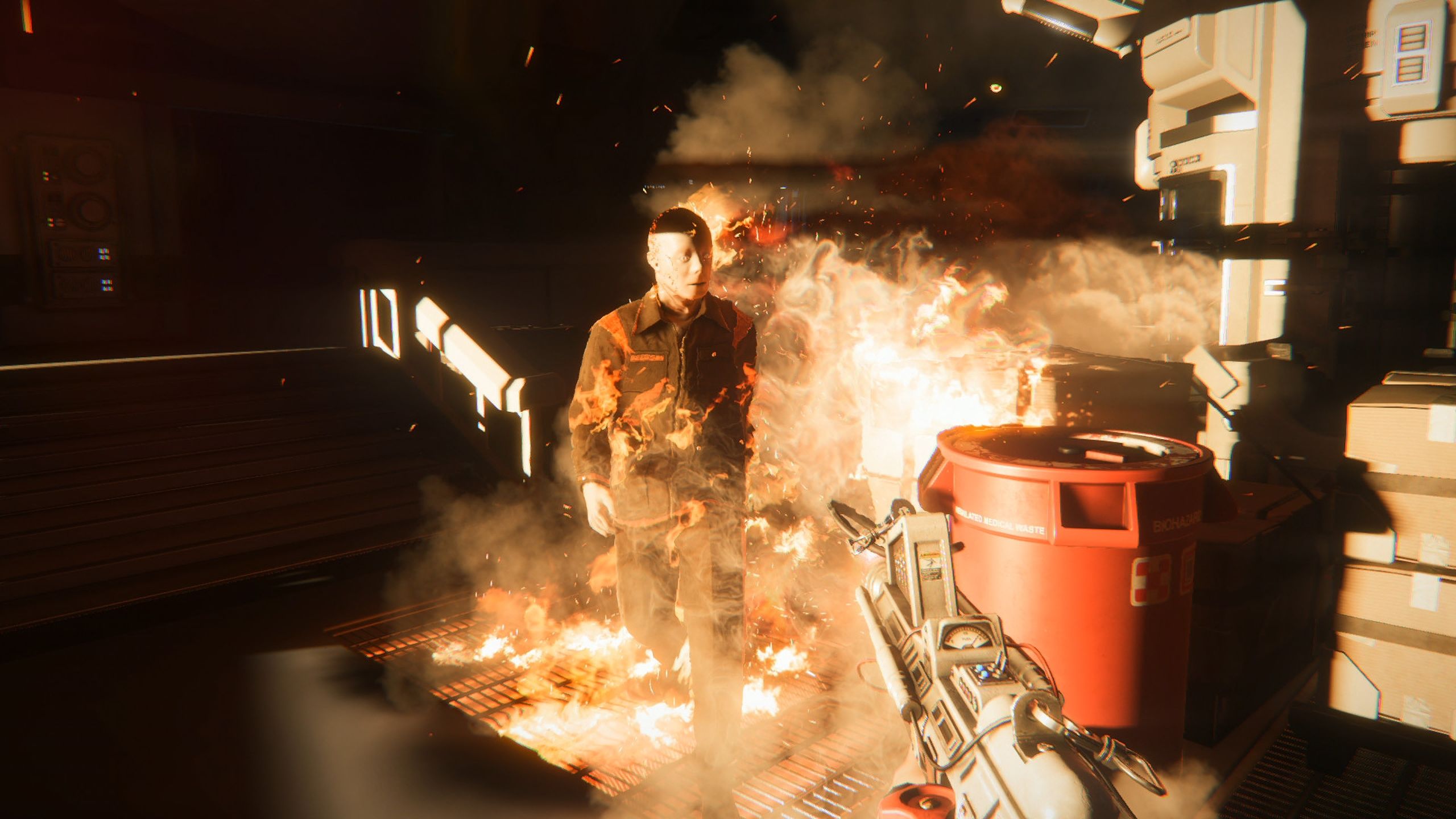 A synth on fire in Alien: Isolation.