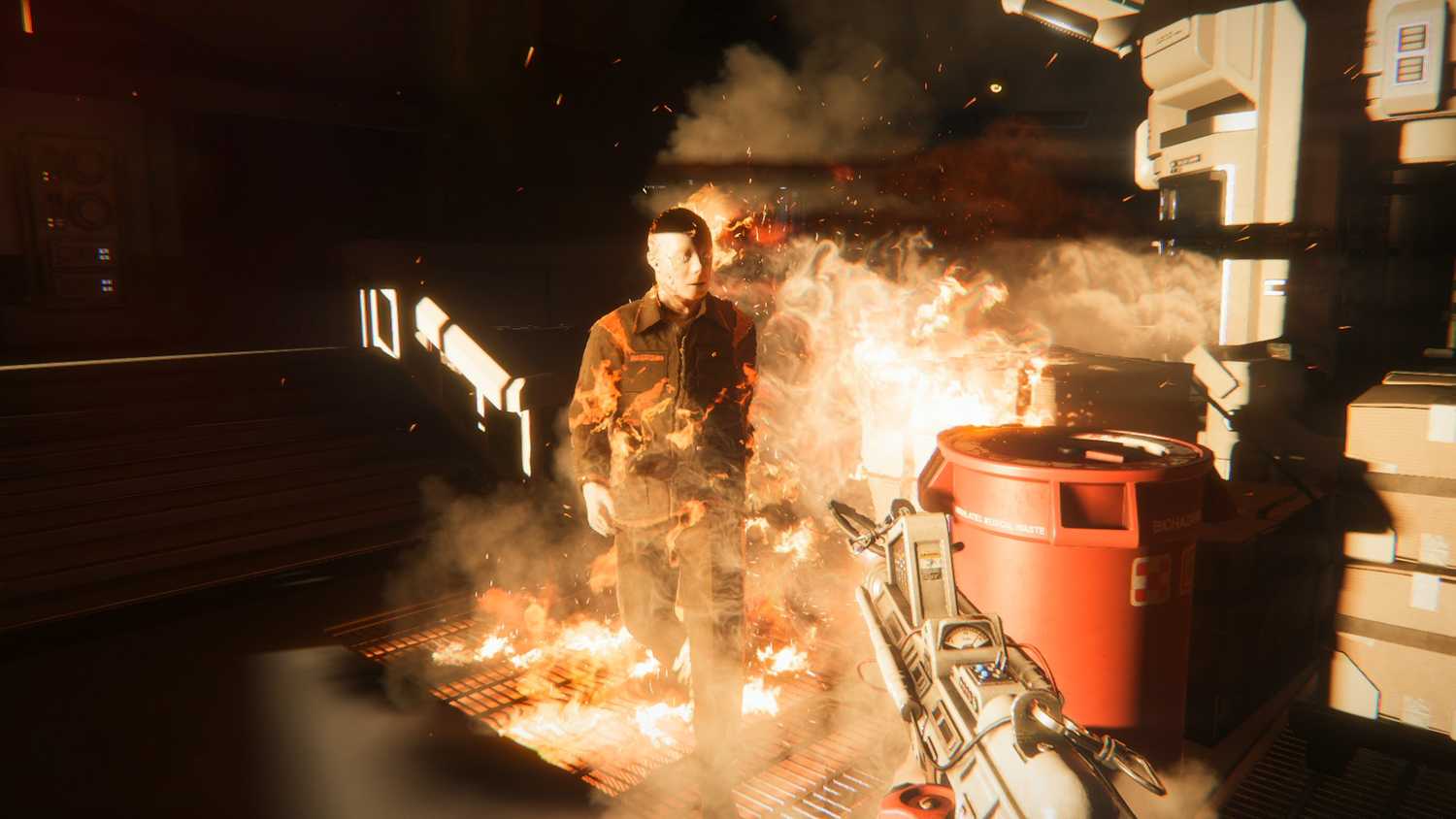 A synth on fire in Alien: Isolation.