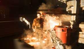 A synth on fire in Alien: Isolation.