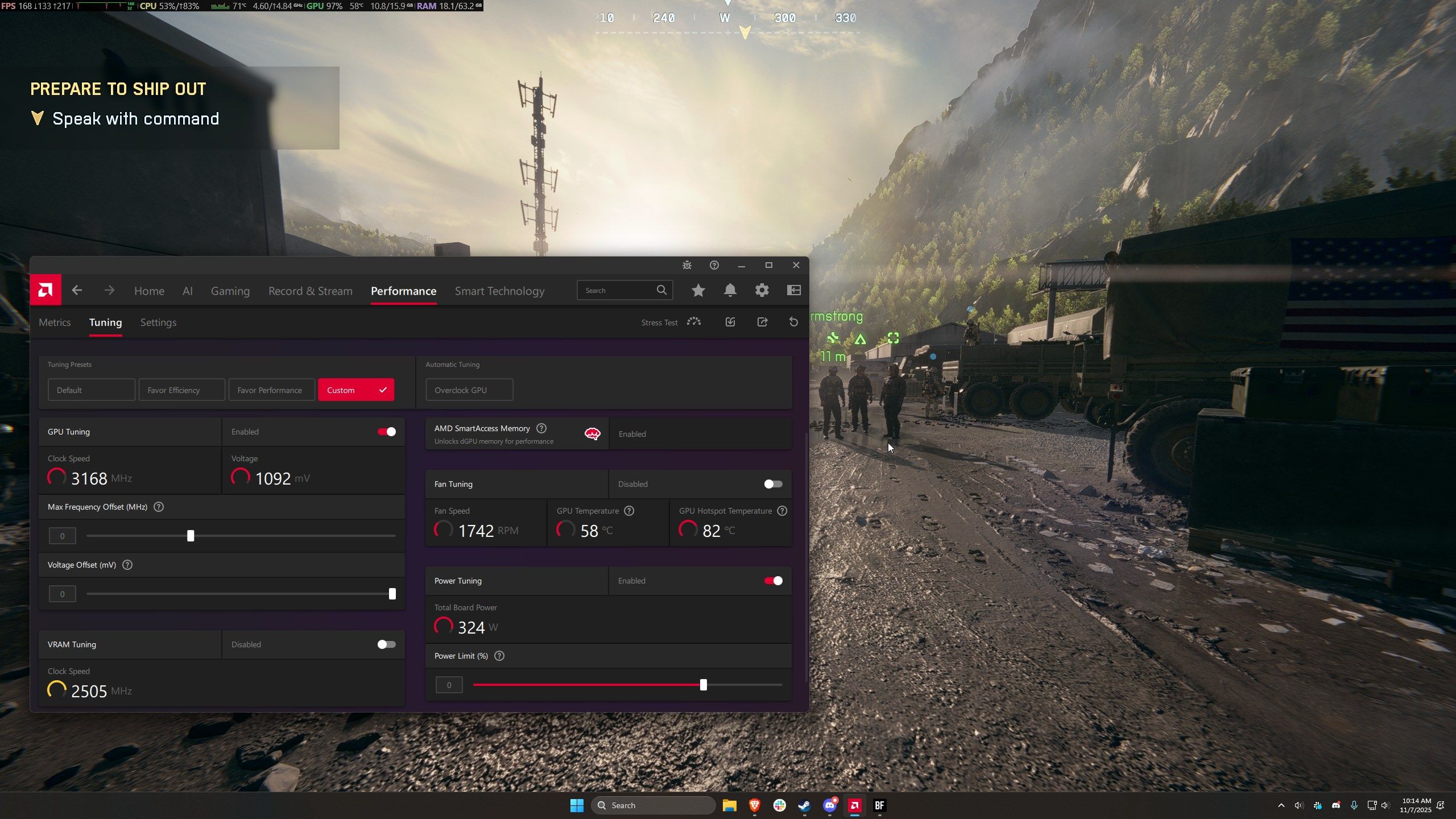 A screenshot of BF6 with some GPU metrics