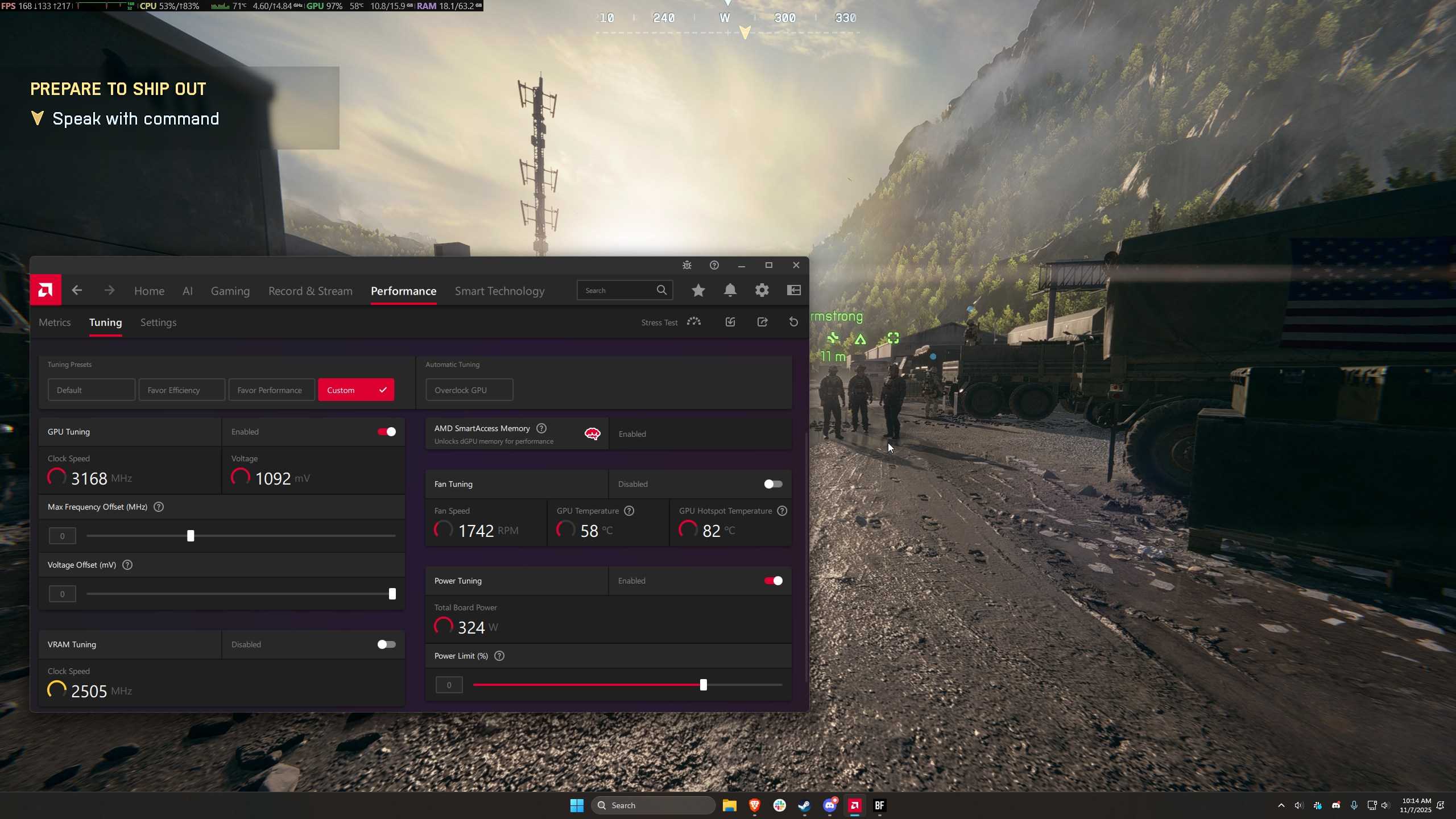 A screenshot of BF6 with some GPU metrics