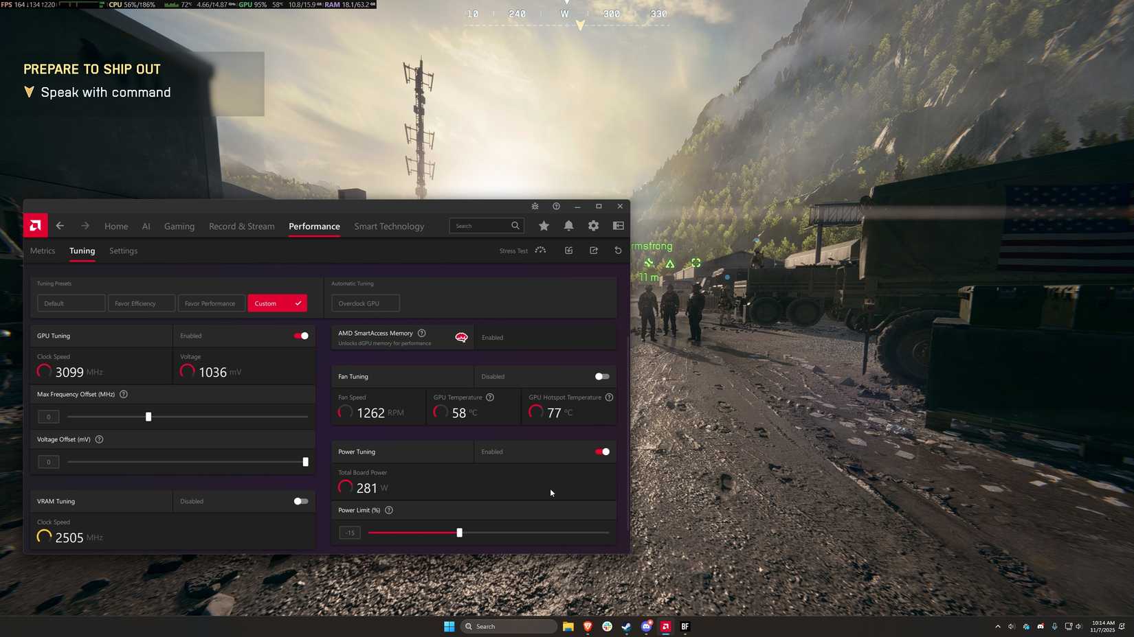 A screenshot of BF6 with AMD Adrenaline software open in the foreground