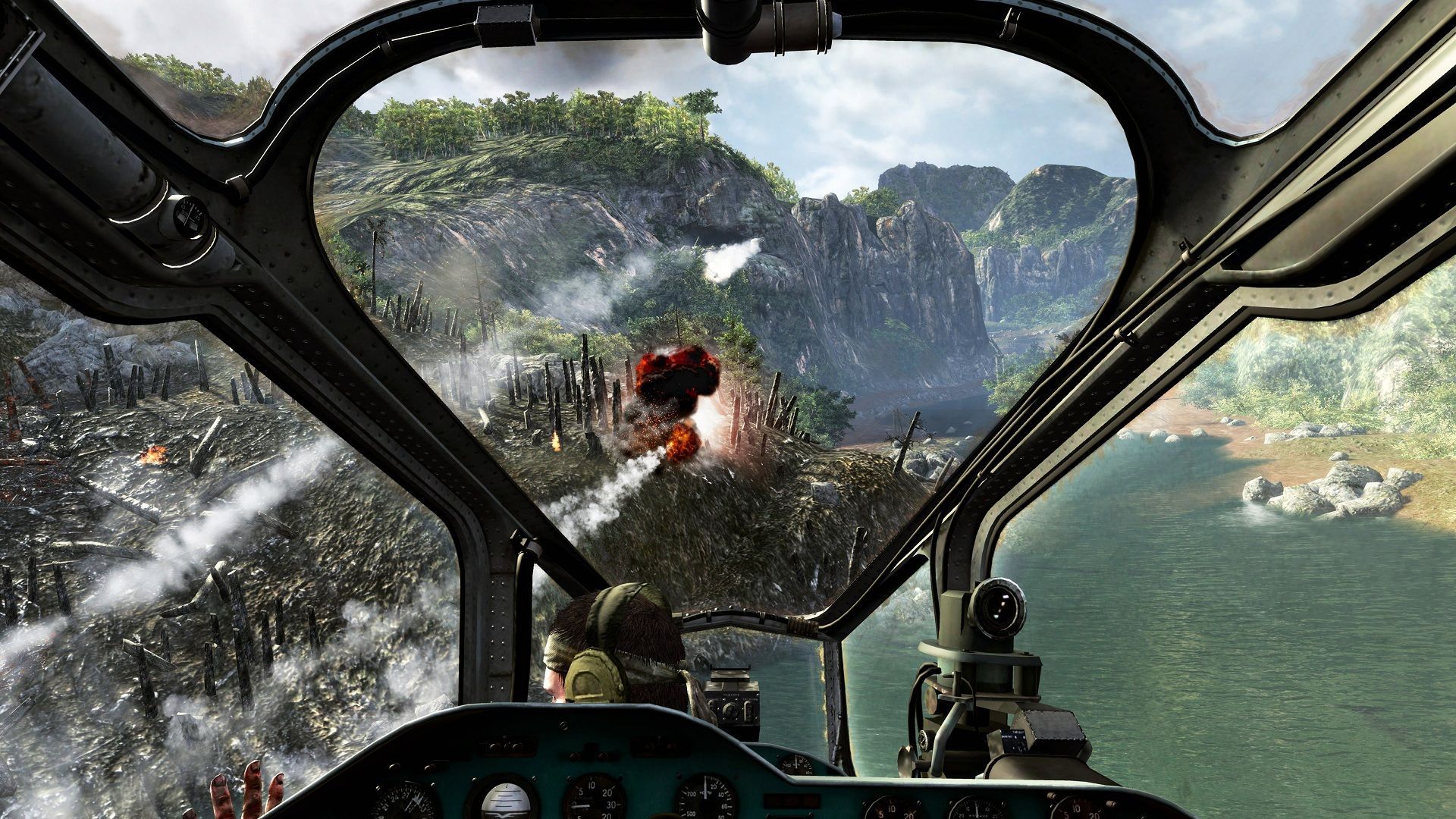 First-person perspective gameplay from a helicopter in Call of Duty: Black Ops