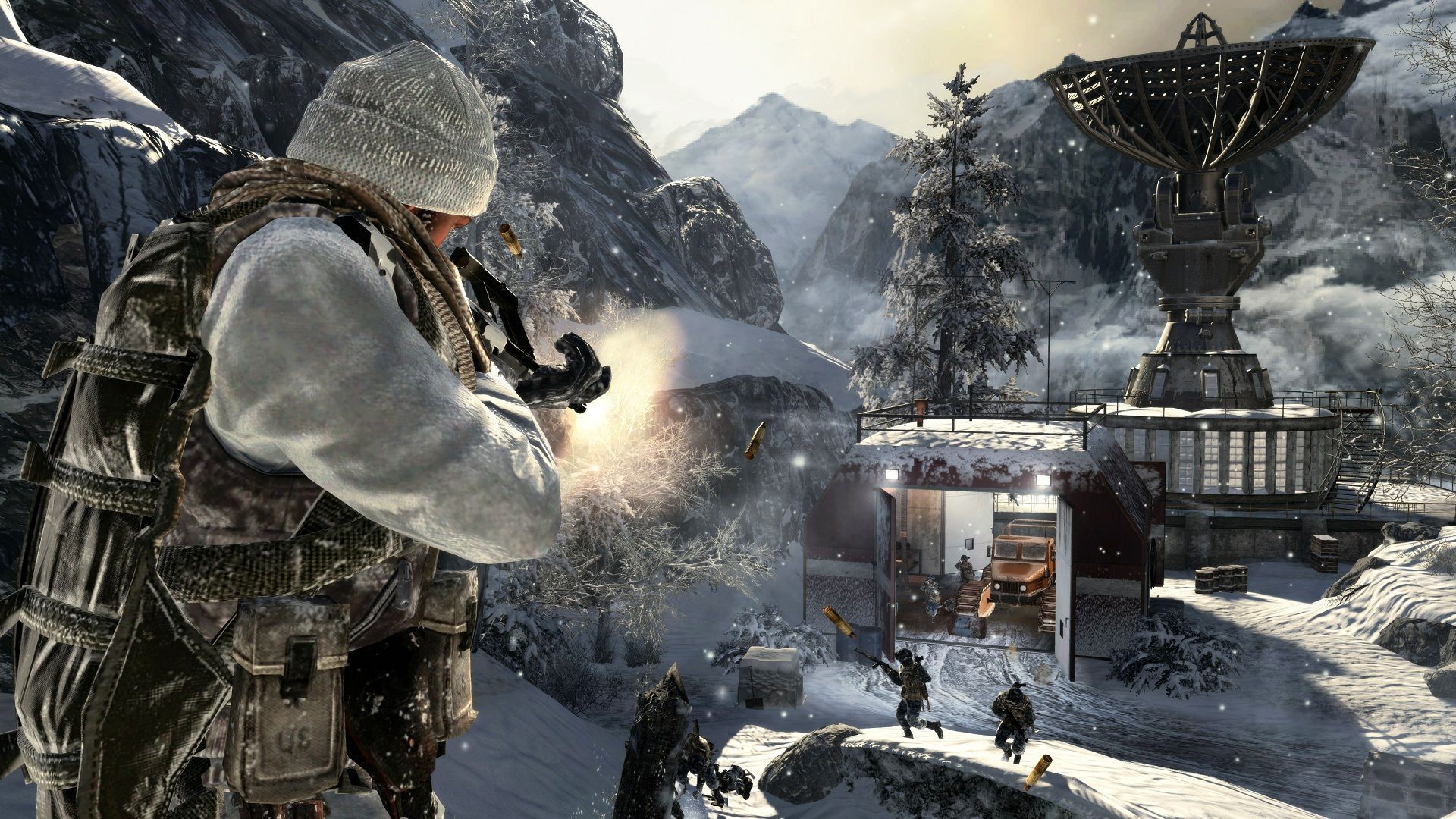 Shooting at enemies in a snowy level in Call of Duty: Black Ops