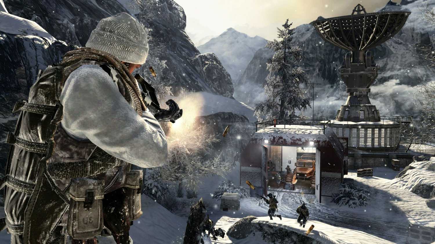 Shooting at enemies in a snowy level in Call of Duty: Black Ops