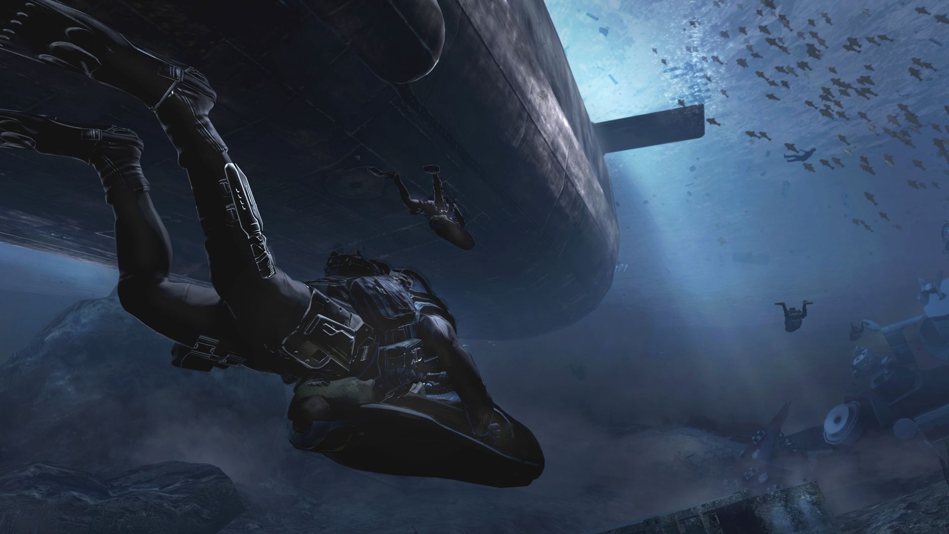 A player dives underwater in a Call of Duty: Modern Warfare 3 mission