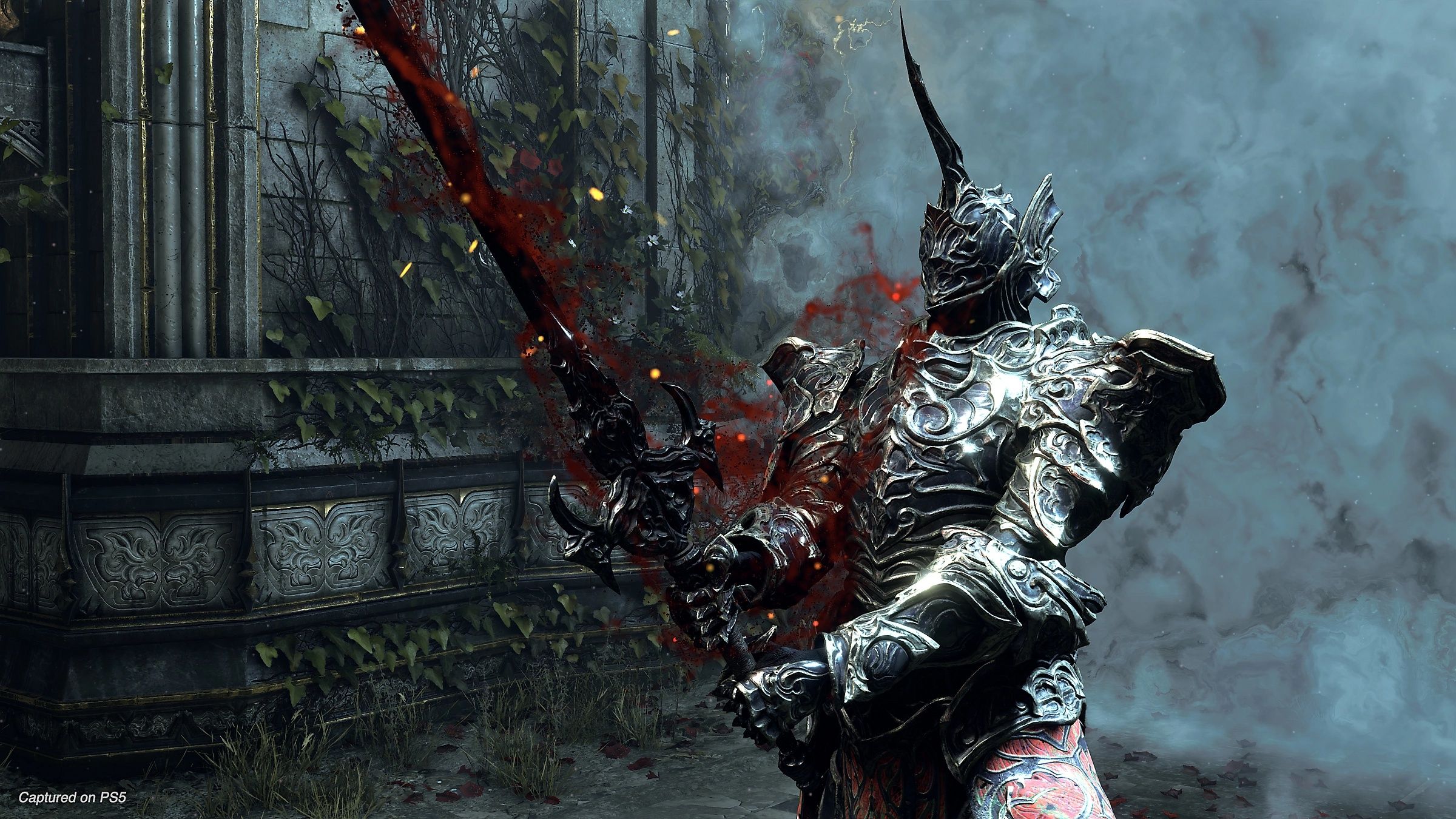 Holding a sword with lifesteal in Demon's Souls (2020).