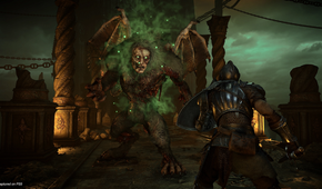 Facing off against a gargoyle in Demon's Souls (2020).