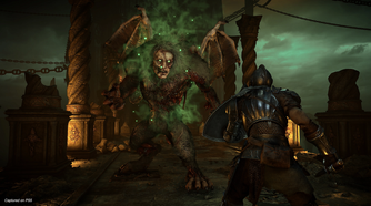 Facing off against a gargoyle in Demon's Souls (2020).
