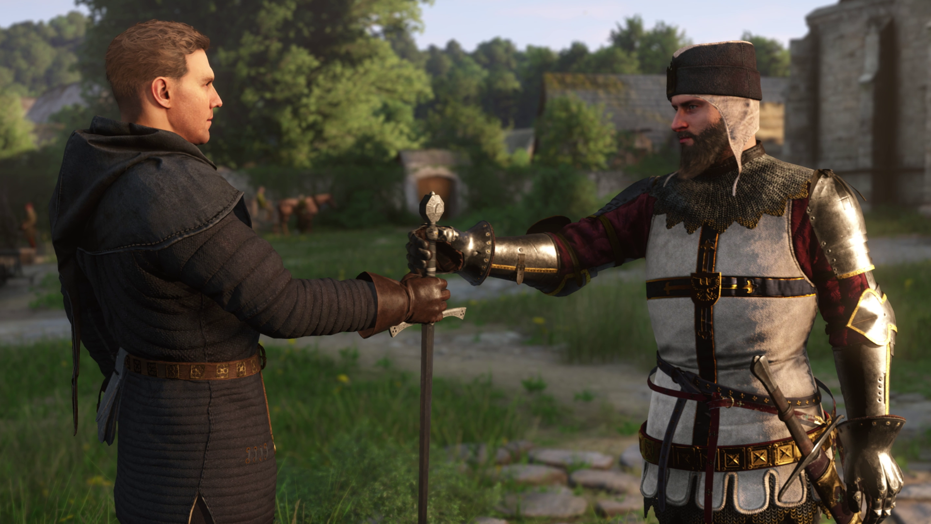 A man passing a sword to Henry in Kingdom Come: Deliverance II