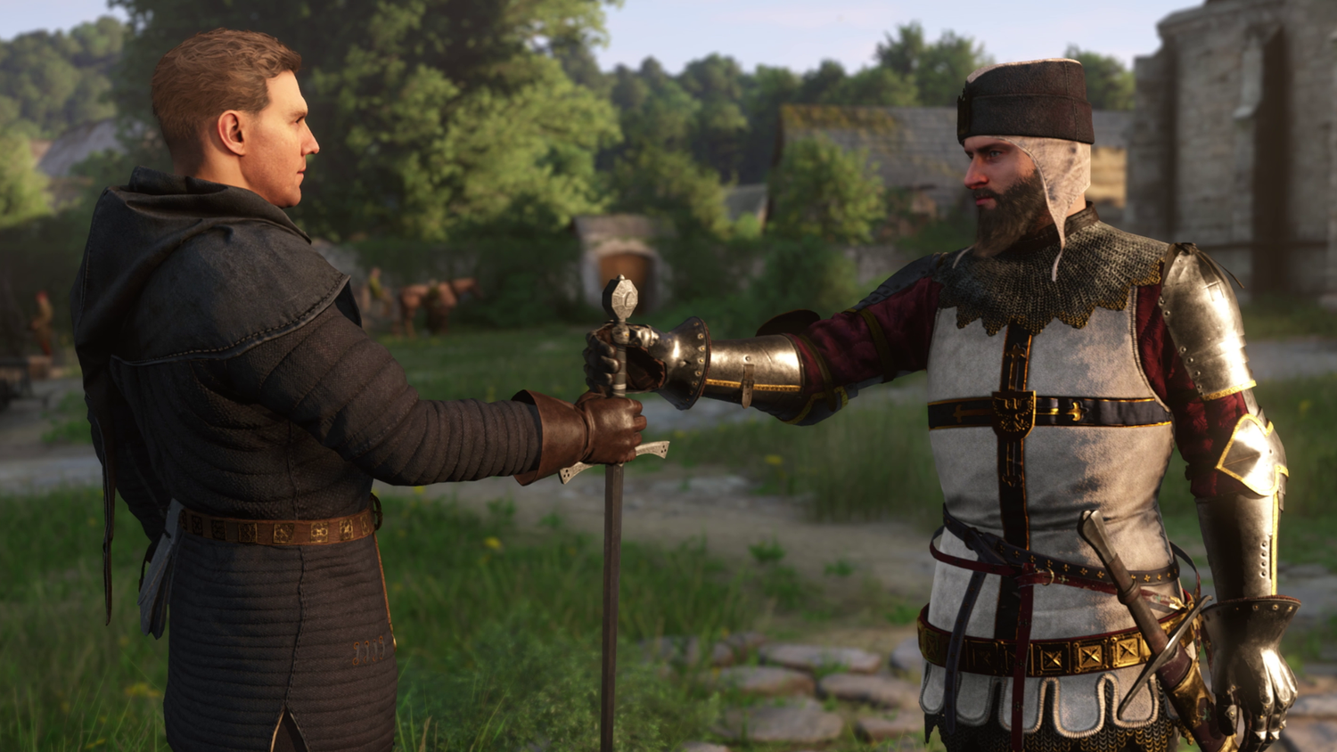A man passing a sword to Henry in Kingdom Come: Deliverance II