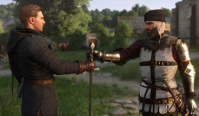 A man passing a sword to Henry in Kingdom Come: Deliverance II
