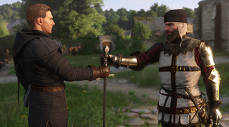 A man passing a sword to Henry in Kingdom Come: Deliverance II