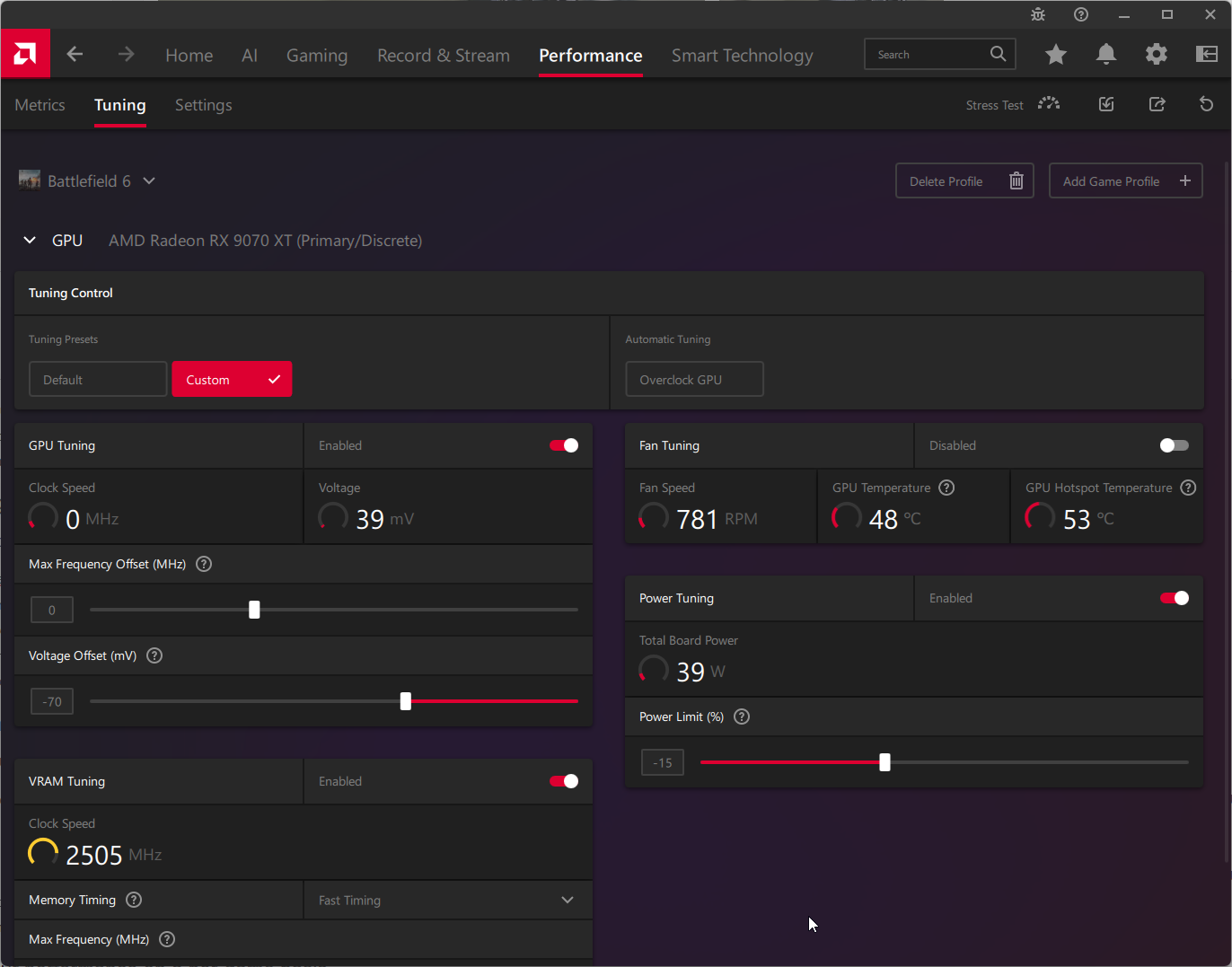 A screenshot of the AMD Adrenalin software with tweaks applied to a BF6 profile