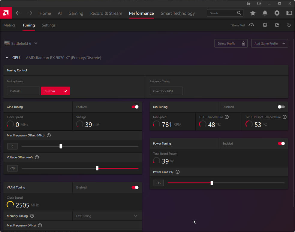 A screenshot of the AMD Adrenalin software with tweaks applied to a BF6 profile
