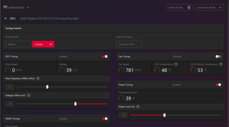 A screenshot of the AMD Adrenalin software with tweaks applied to a BF6 profile