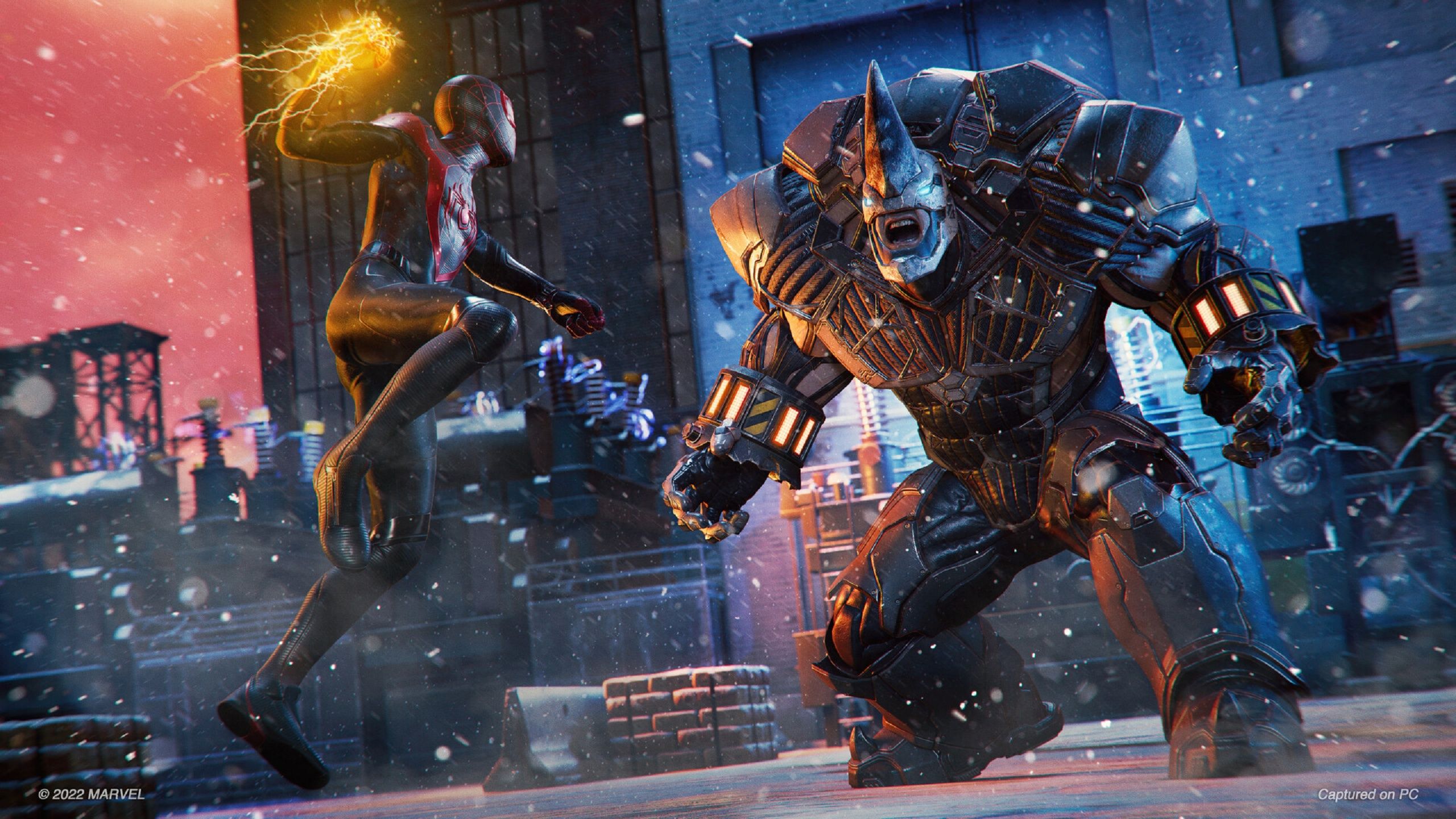 Miles Morales battling Rhino in Spider-Man: Miles Morales.