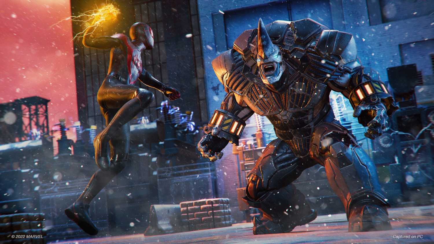 Miles Morales battling Rhino in Spider-Man: Miles Morales.