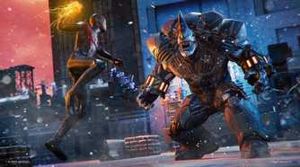 Miles Morales battling Rhino in Spider-Man: Miles Morales.