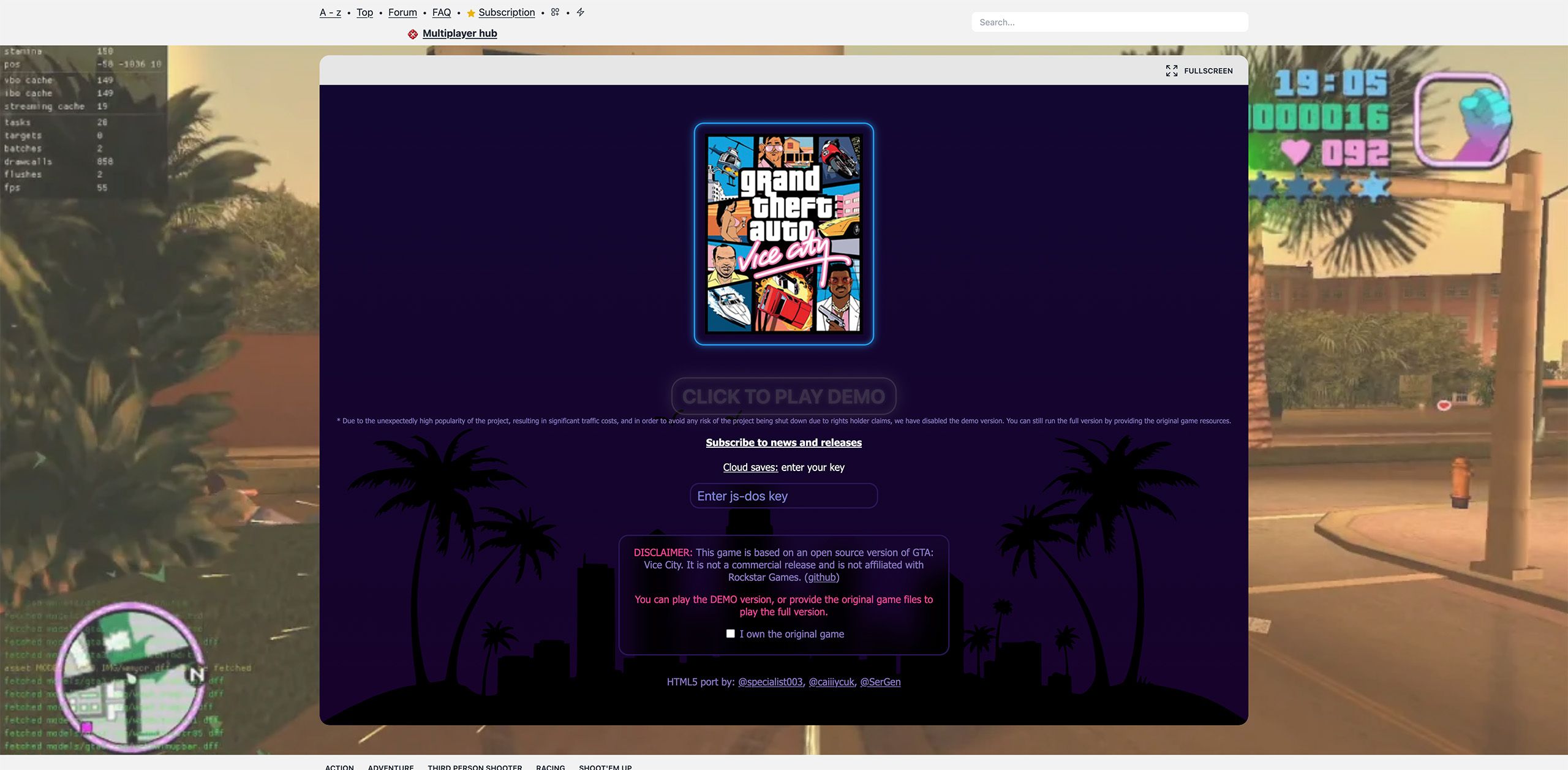 The browser version of GTA: Vice City has been hit with a DMCA