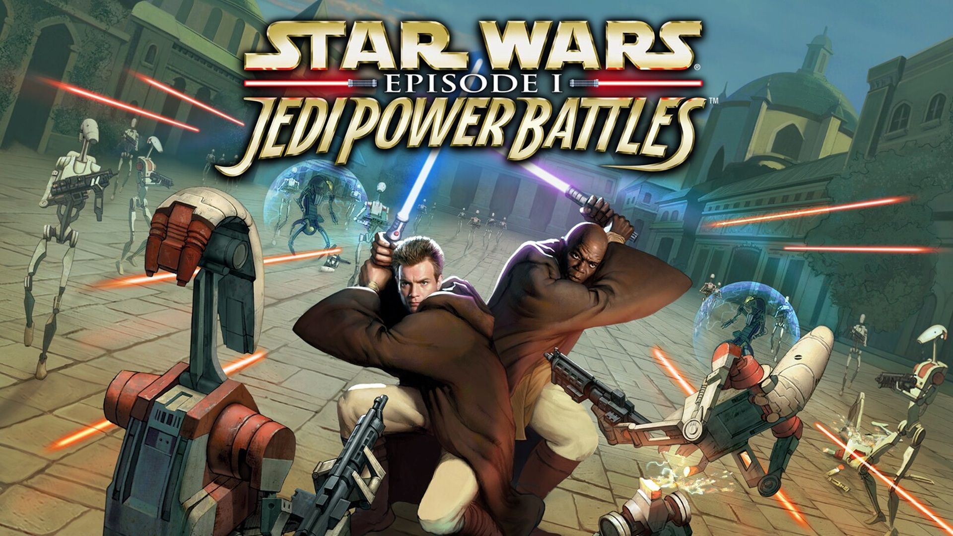 The main key art with title for Star Wars Episode 1: Jedi power Battles Remastered