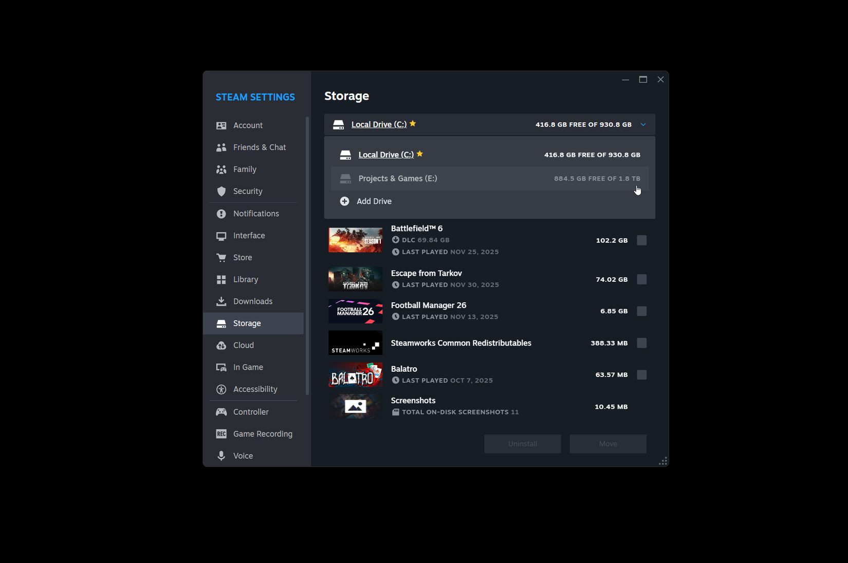 Una captura de pantalla de la configuración de Almacenamiento en Steam