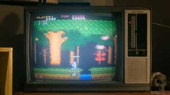 The arcade version of Ghost 'n Goblins wrongly playing on a NES connected to a TV in Stranger Things 5
