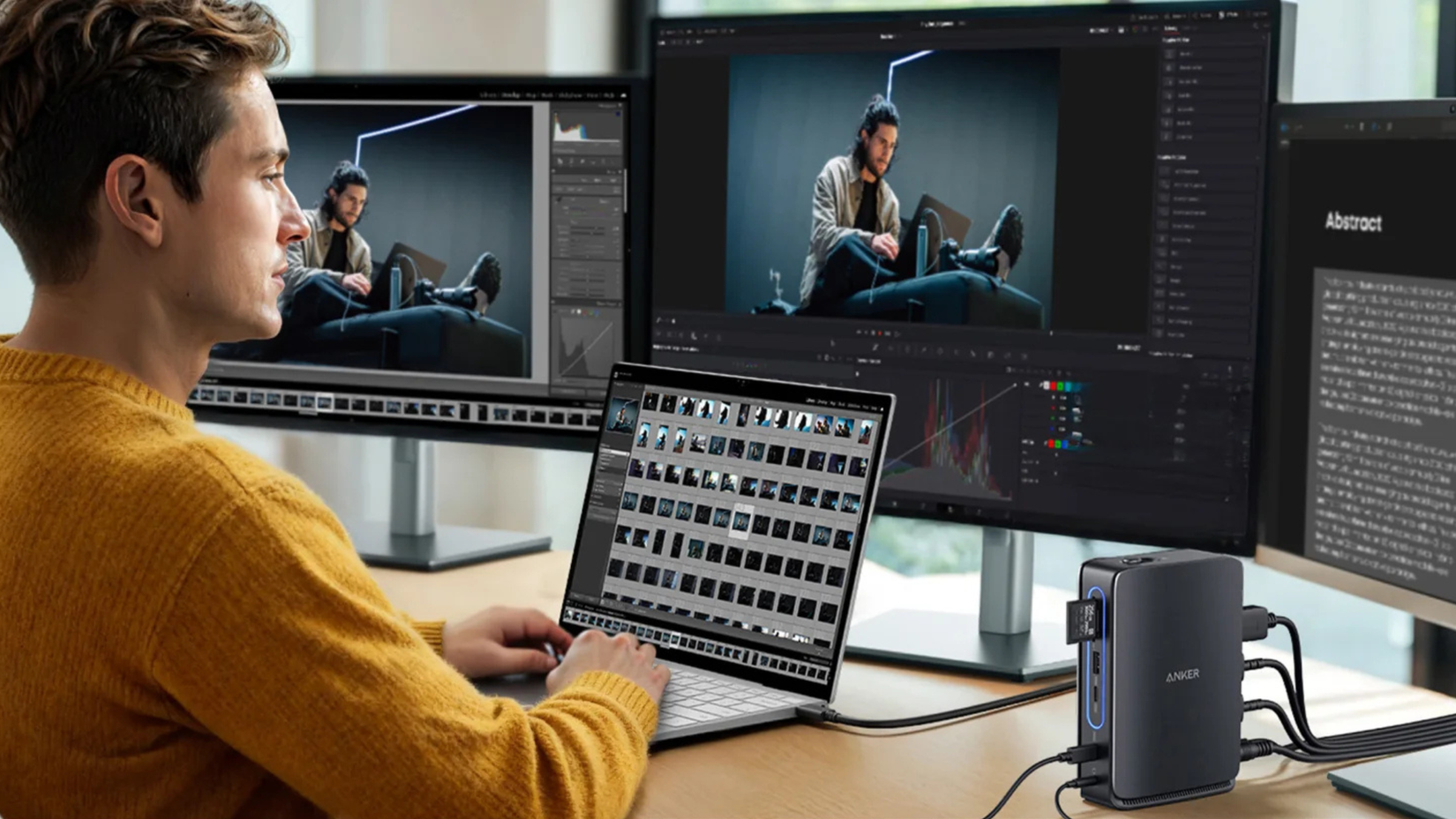 Persona trabajando en su escritorio con la estación de acoplamiento para computadora portátil Anker Nano