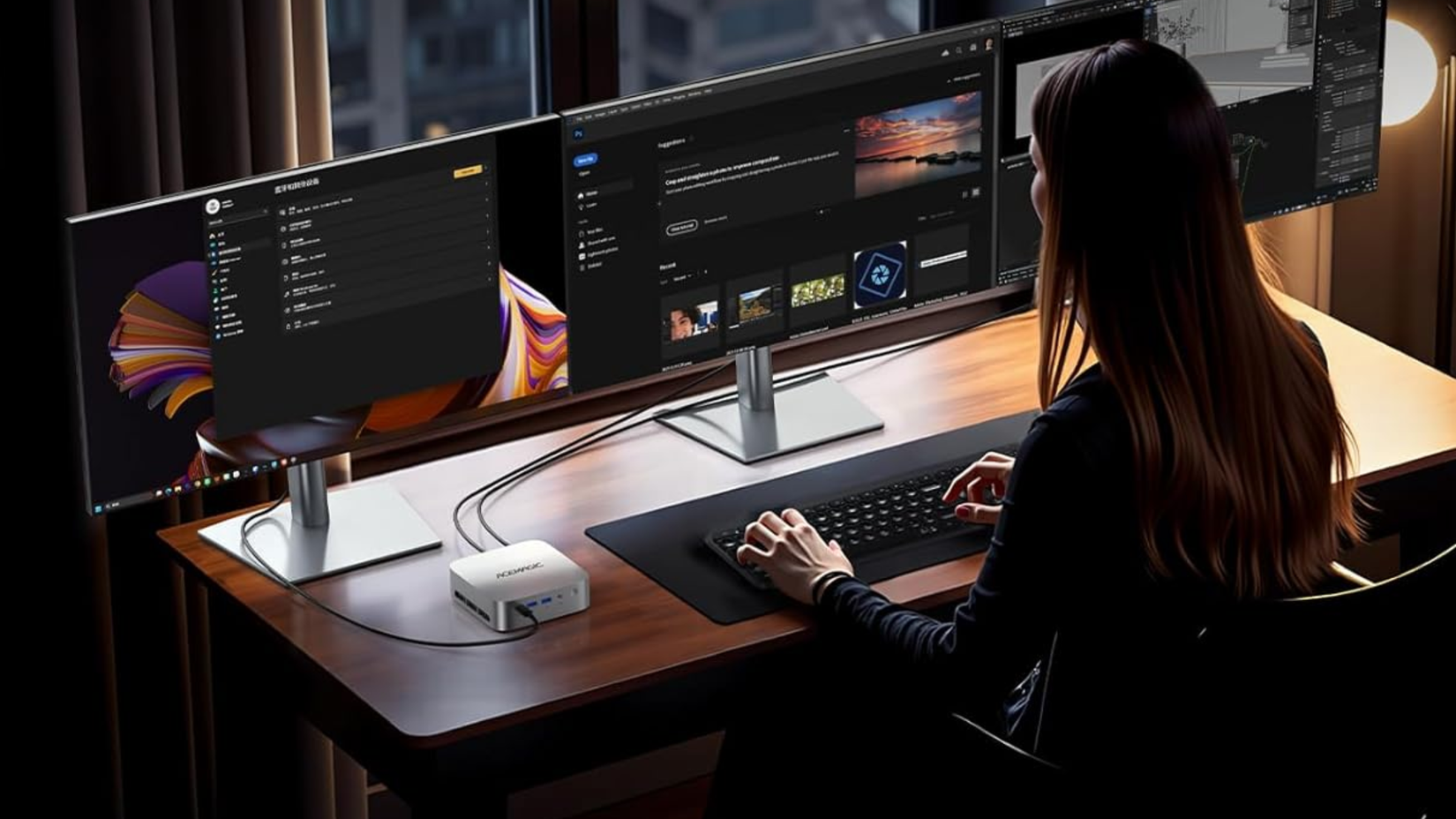 Person working at desk with ACEMAGICIAN M1 Mini PC