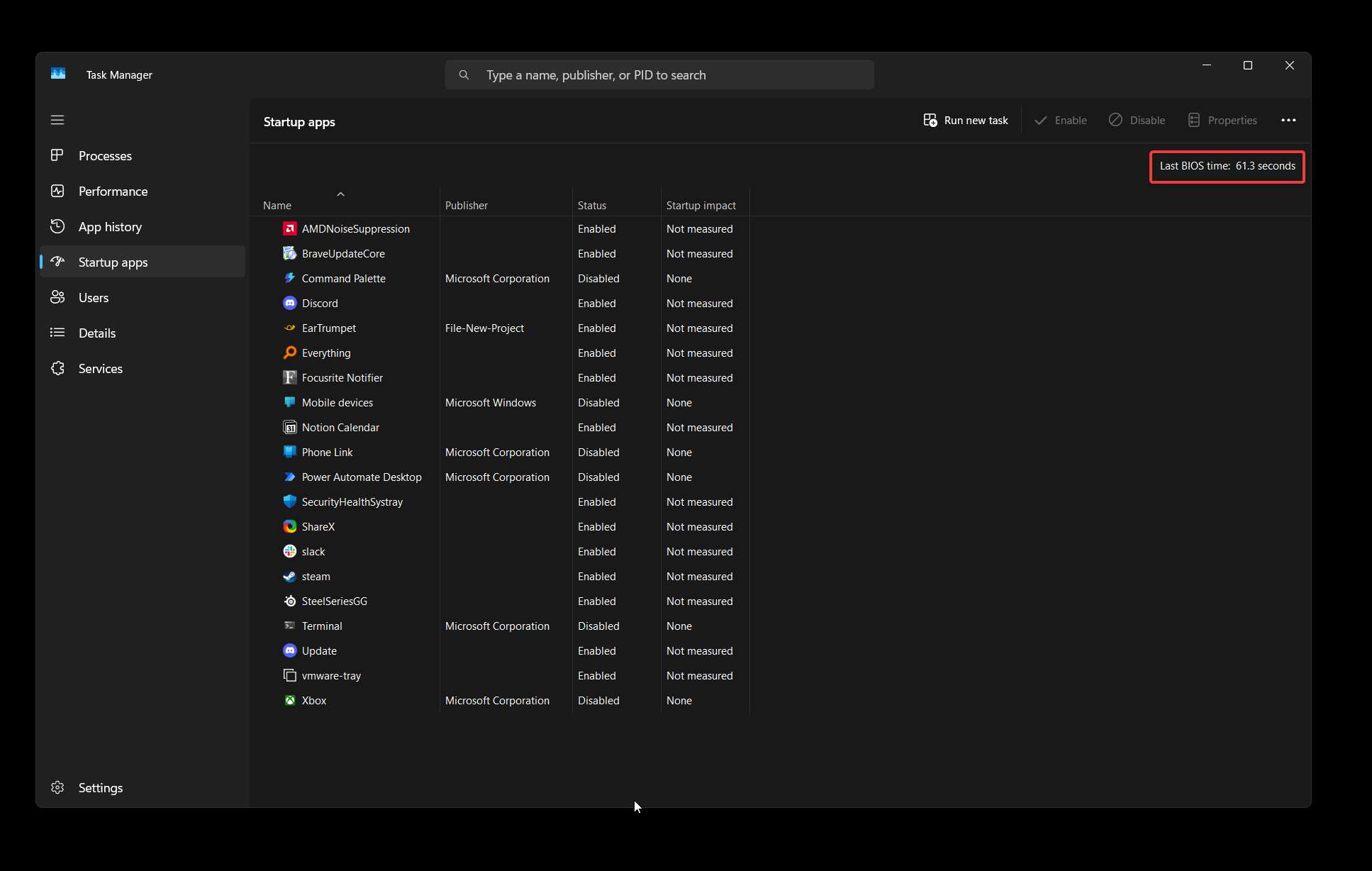 A screenshot of a task manager showing the BIOS time