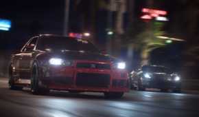 A red Nissan Skyline GT-R racing at night in NFS Payback.