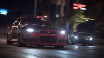 A red Nissan Skyline GT-R racing at night in NFS Payback.