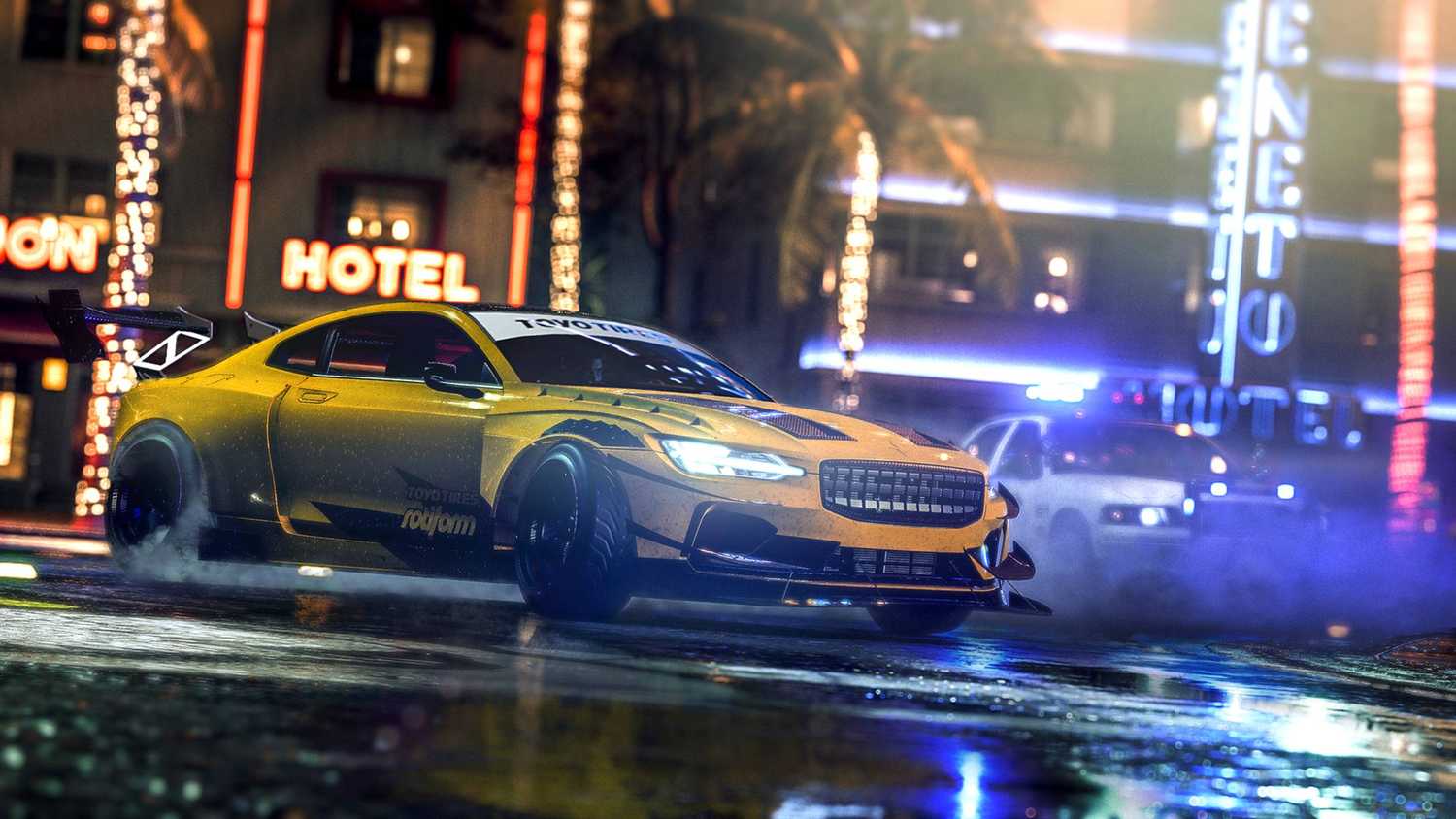 The yellow Polestar One drifting in NFS Unbound.