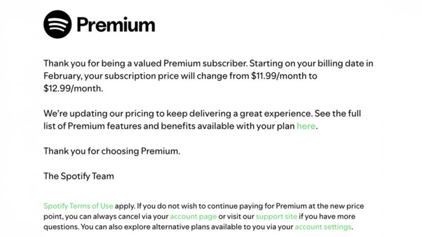 Spotify Premium Price Increase announcement screenshot