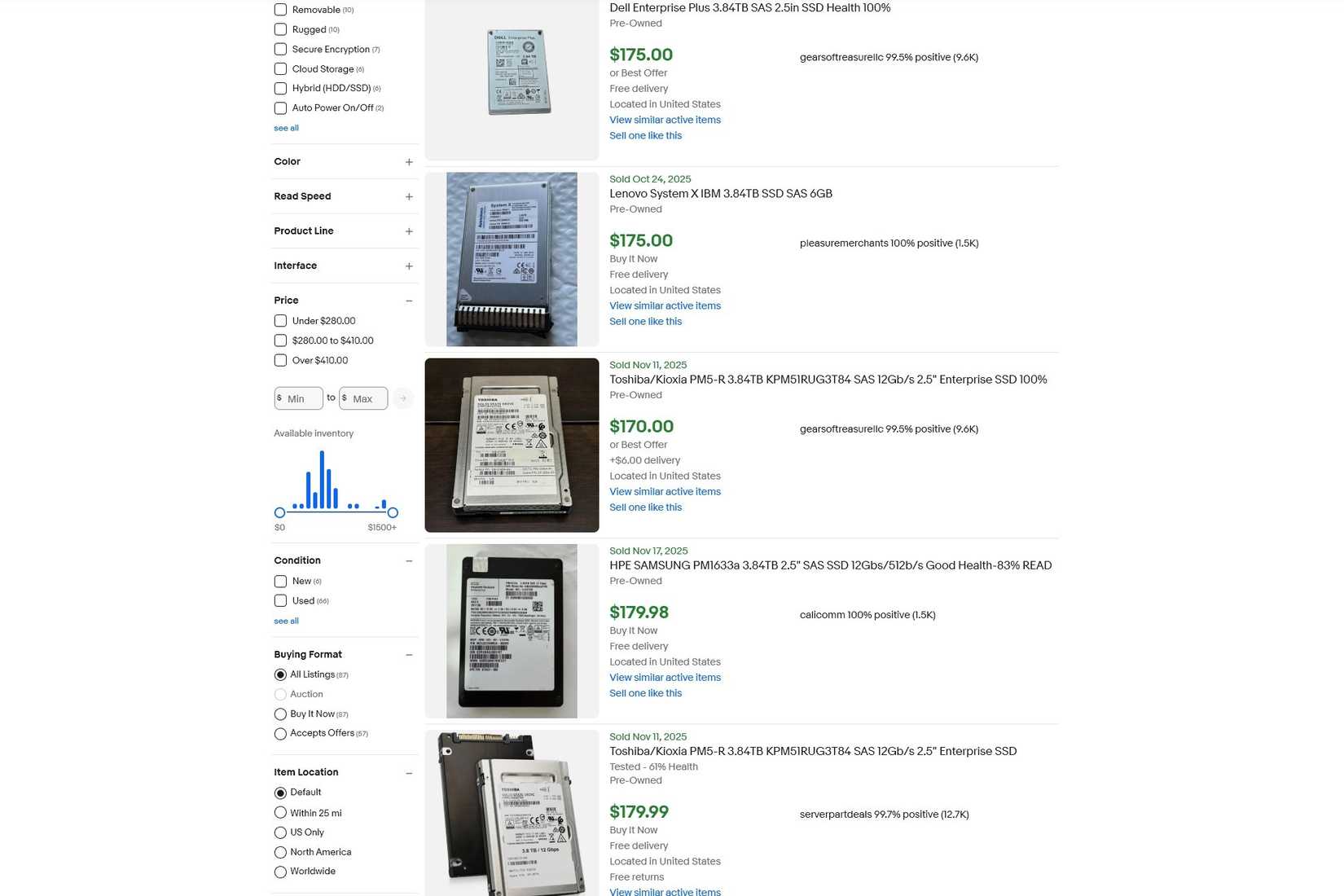 Screenshot of enterprise SSD listings on eBay