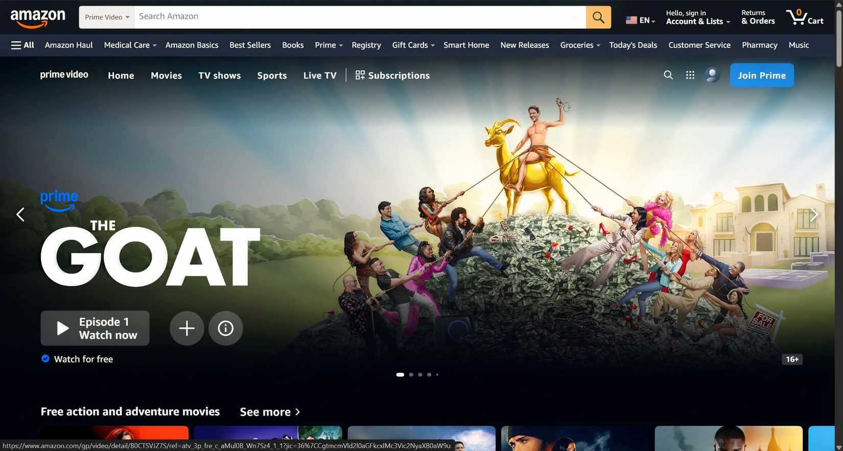 The Amazon Prime Freevee homepage