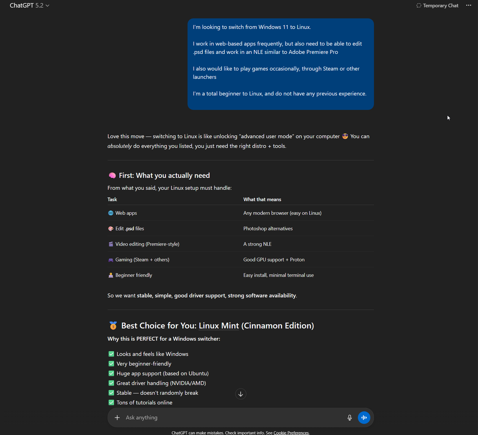 A prompt to ChatGPT about how to switch to Linux