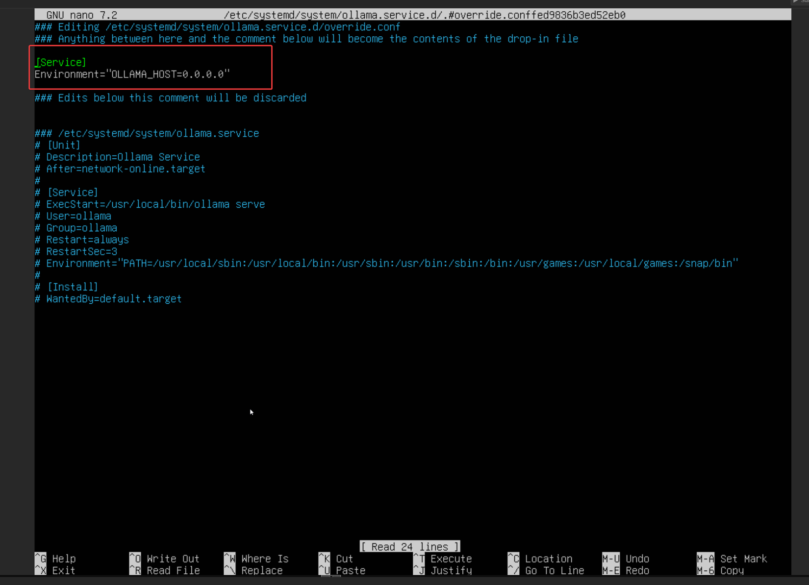 A screenshot showing ollama being exposed to all interfaces in override.conf