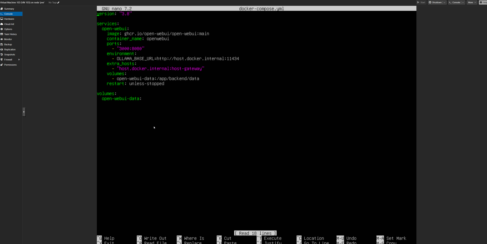A screenshot of a proxmox VM showing a docker container file