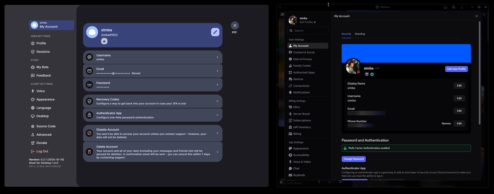 Una captura de pantalla que compara la configuración de armiño y discordia.