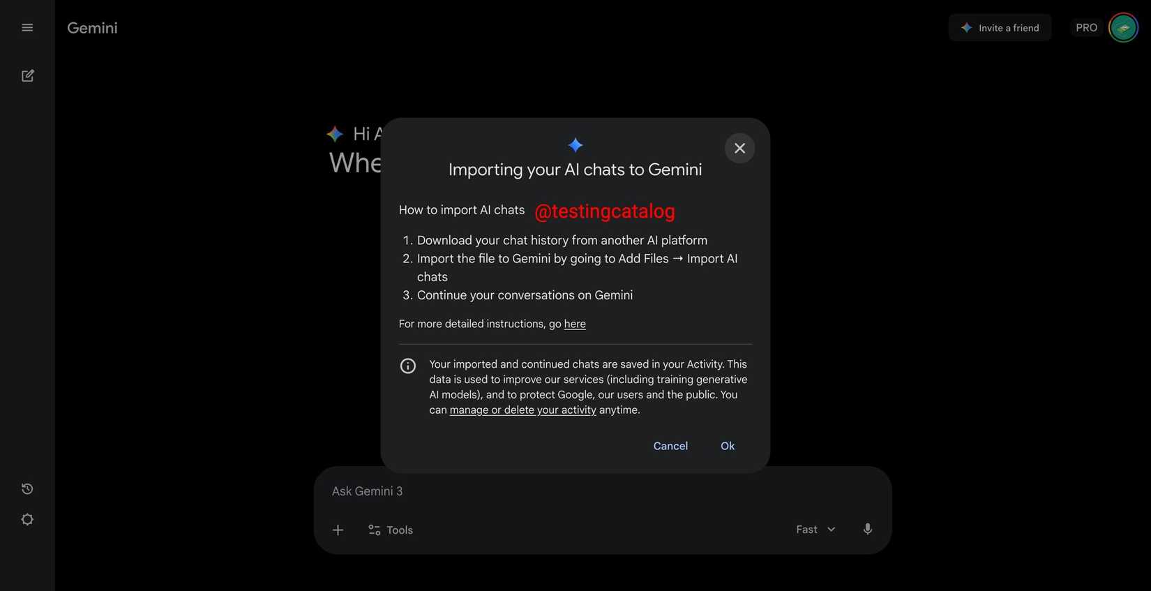 Screnshot showing import chats feature on Google Gemini