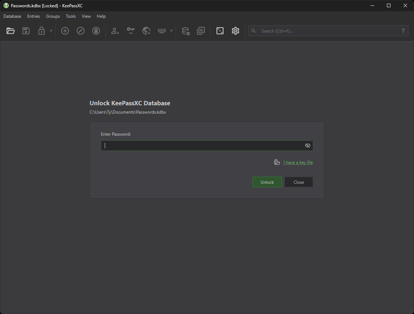 una captura de pantalla de la pantalla de contraseña para keypassxc