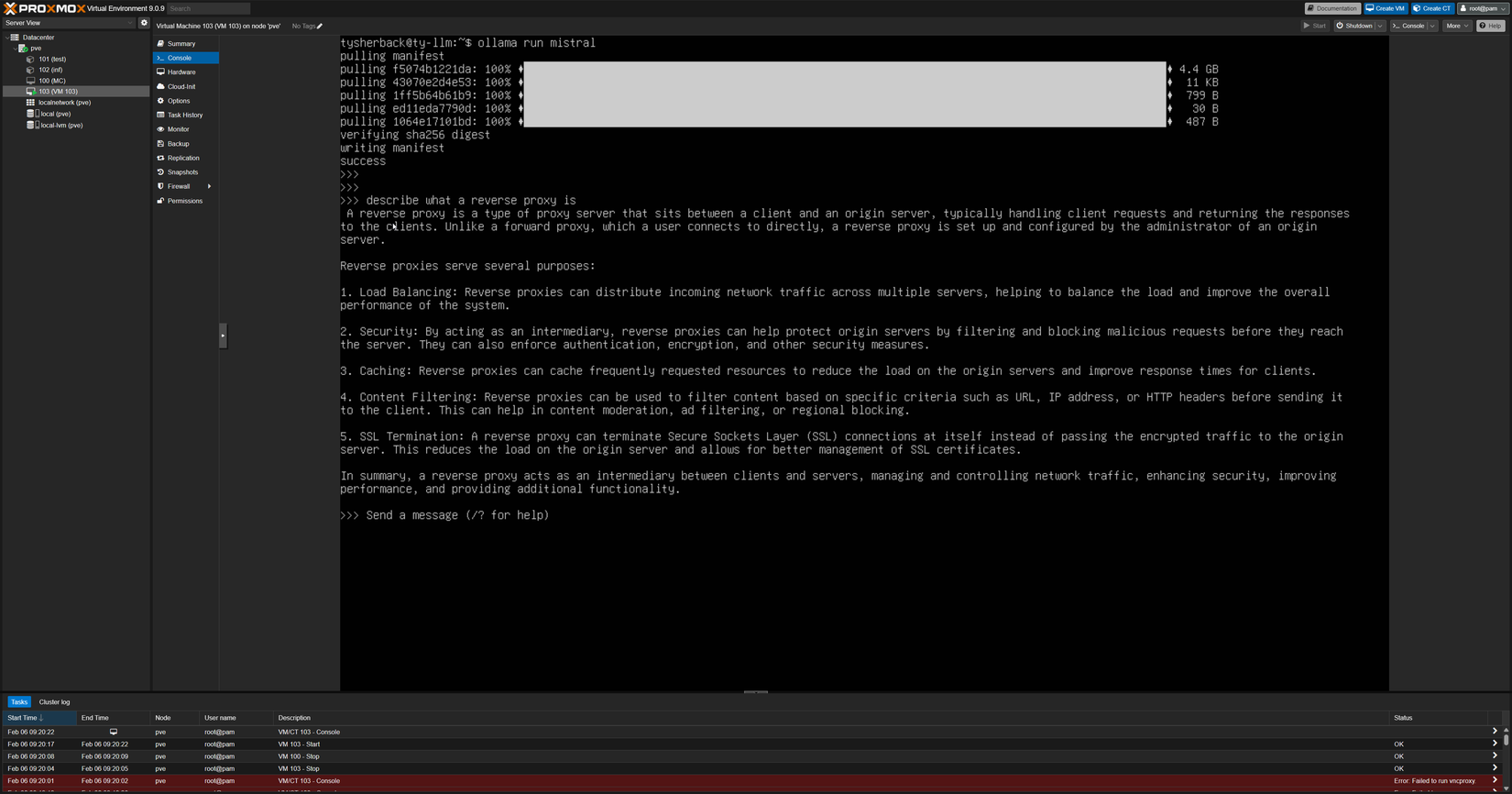 A sample prompt in a proxmox ollama VM