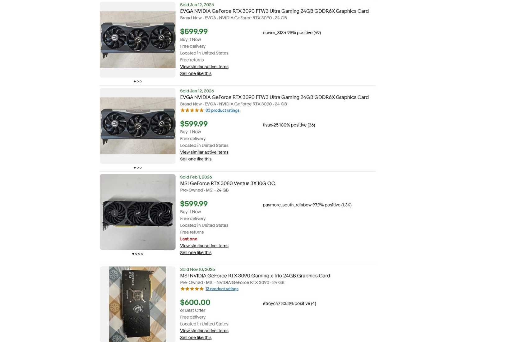 Screenshot of RTX 3090 listings on eBay
