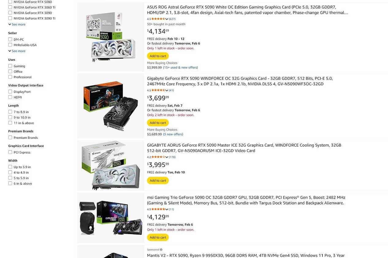 Screenshot of RTX 5090 listings on Amazon
